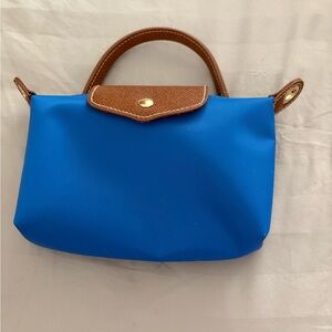 Blue Crossbody Tote Bag with Brown Trim